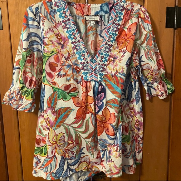 Johnny Was Workshop Floral Cotton Blouse Embroidered V Neck Small - Picture 8 of 8